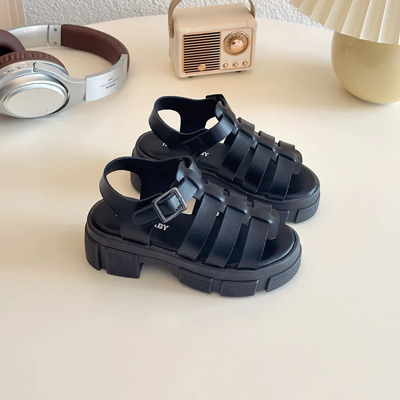 2025 New Thick Bottom One Word Middle Heel Sandals Casual Summer Coarse Heel Soft Bottom Versatile Sandals Roman Shoes