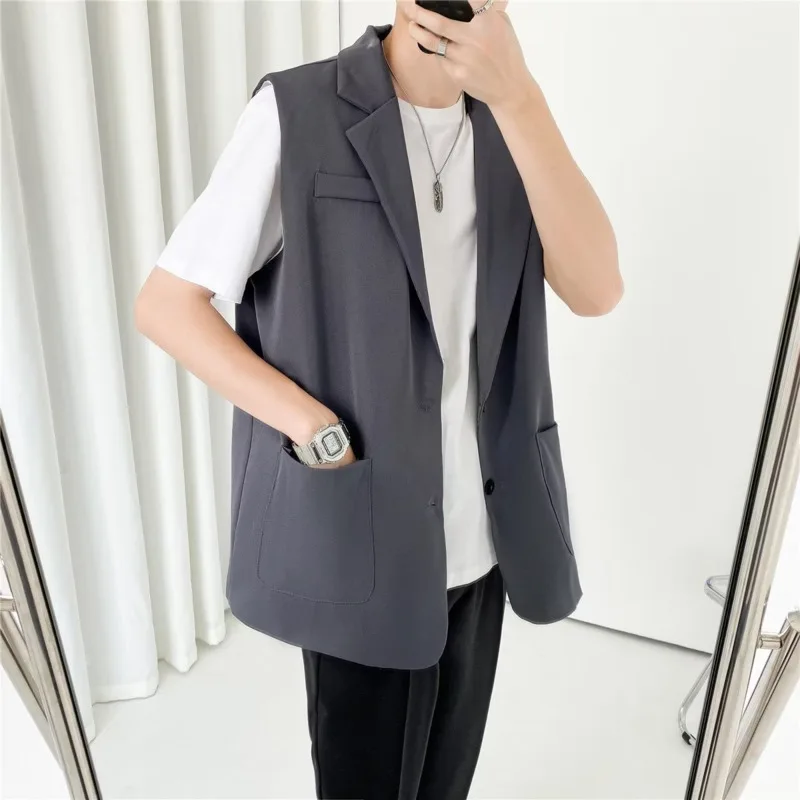 Grey Black Suit Vest Men Fashion Social Mens Dress Vest Korean Loose Sleeveless Blazer Mens Jacket Office Formal Vest M-2XL