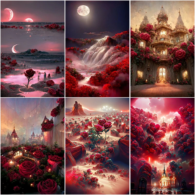 DIY Red Rose Diamond Painting Full Round Drills Flower Castle Art Mosaic Cross Stitch Crystal Kits Handcrafts Home Decoration