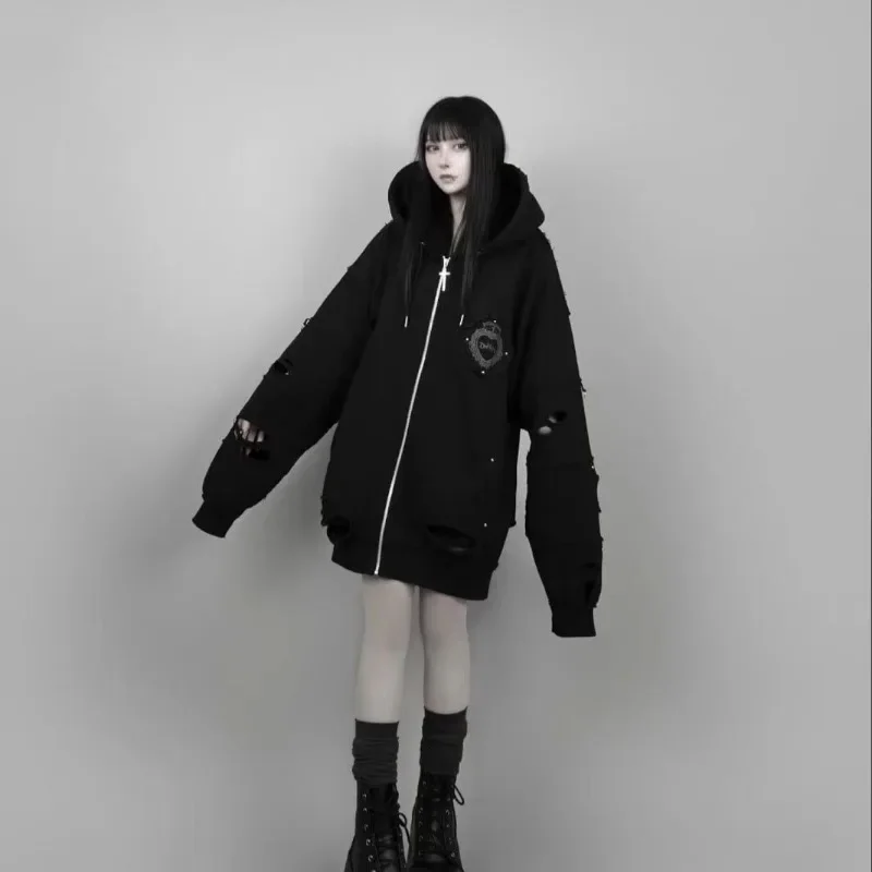 

Japanese Retro Cross Embroidery Retro Subculture Ripped Hoodies Women Goth Punk Style Oversized Hoodie Sweet Cool Y2K Sweatshirt