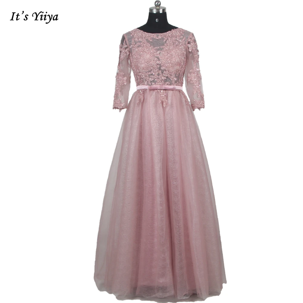 

It's YiiYa Women Party Dress Pink Tulle O-neck Three Quarters Sleeves Lace up A-line Floor-length Plus size Evening Dress YG008