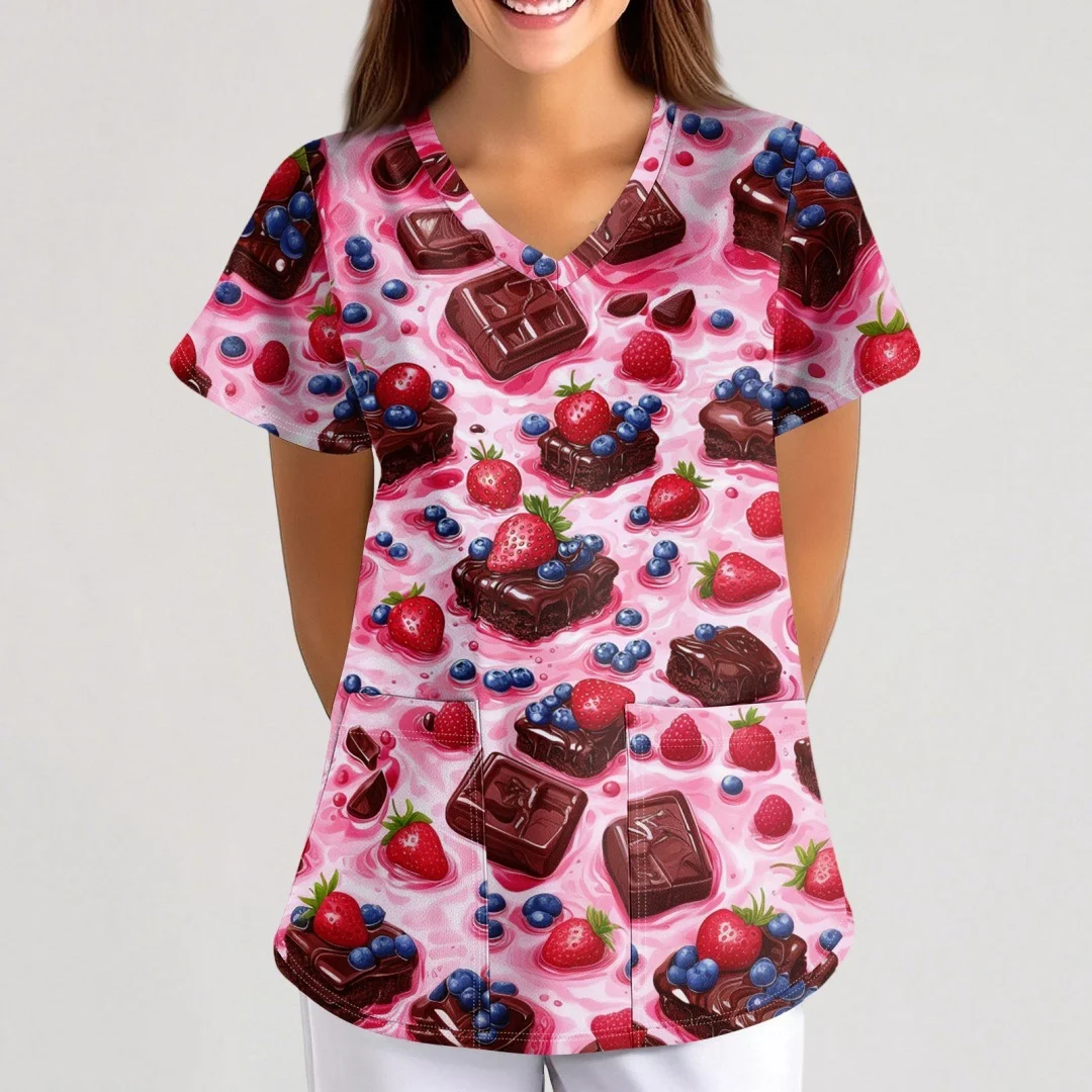 

Strawberry Blueberry Chocolate Cake Womens Work T-shirt Stretch Scrubs Nursing Uniform V-Neck Short Sleeve Medical Scrub Tops