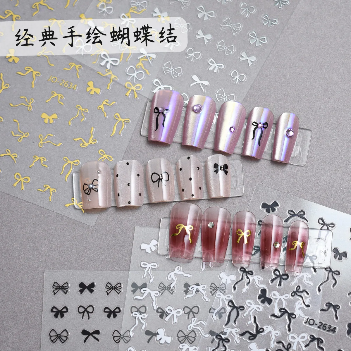 Clear Base Nail Stickers Hand Painted Black White Gold Silver Bow Ribbon Self Adhesive Waterproof Premium for Home DIY