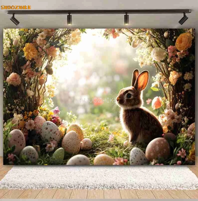 ฤดูใบไม้ผลิ Happy Easter การถ่ายภาพฉากหลัง Arch ดอกไม้กระต่ายไข่กระต่ายสวนดอกไม้เด็ก Portrait ตกแต่งพื้นหลัง Photo Studio
