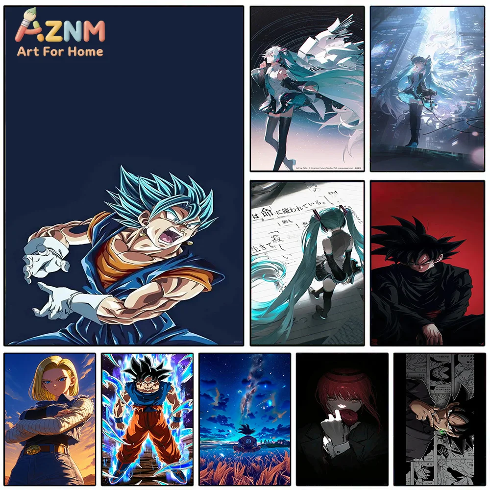 AZNM Dragon Ball & Hatsune Miku Anime Canvas Wall Art Print Vegeto Goku 18 Poster Unframed Home Room Decor Painting