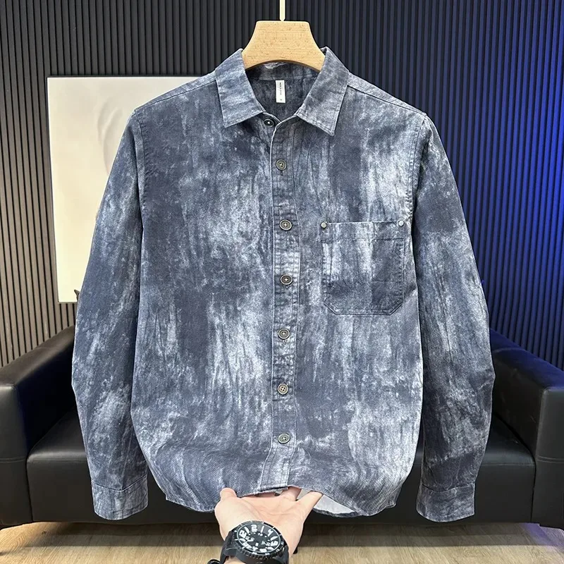 

Men's Spring Autumn Dark Tie Dye Denim Shirt Long Sleeve Button Down Chest Pocket Casual Loose Fashion Top