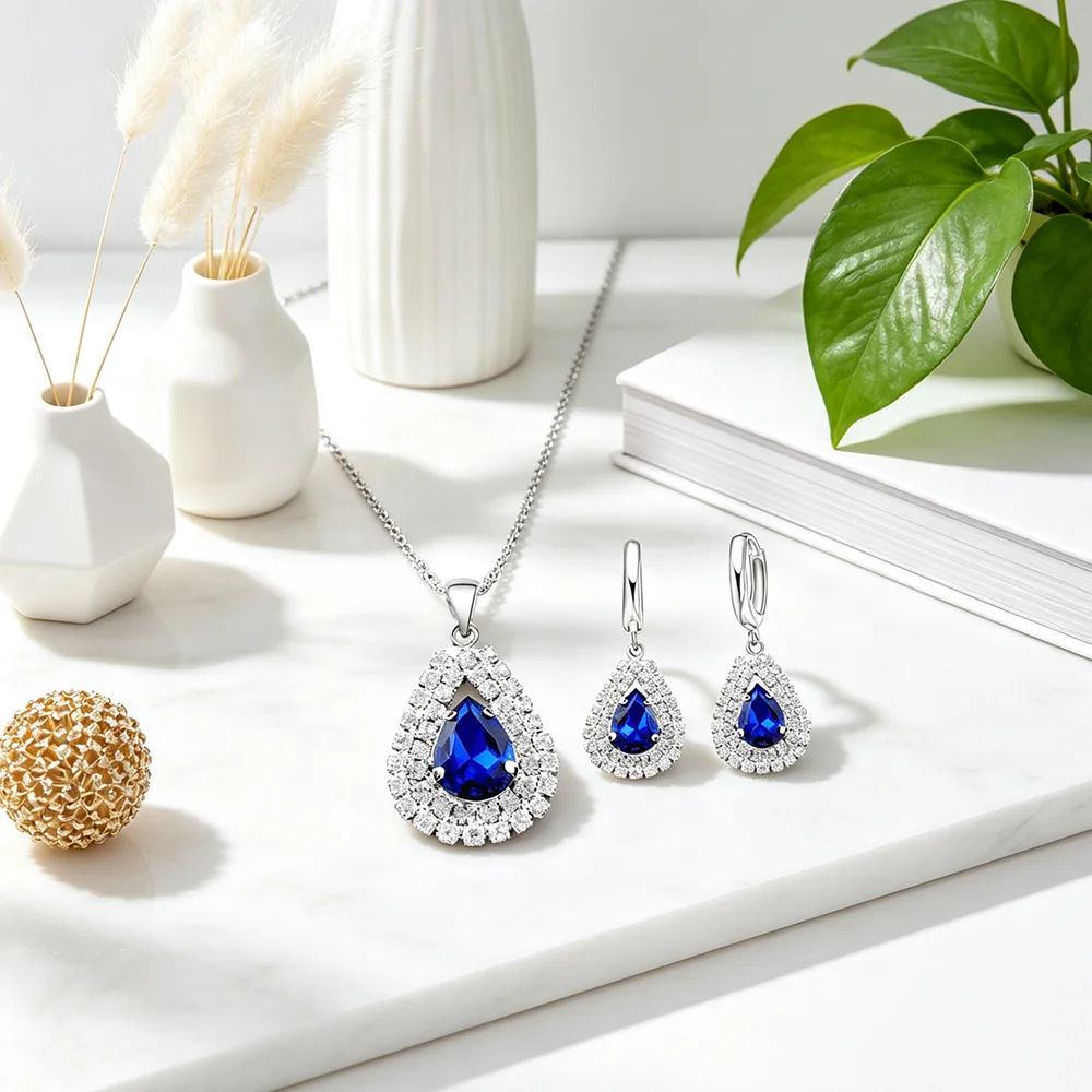 Jewelry Sets Blue Genuine 925 Sterling Silver Austrian Crystal Pendant Necklace 18