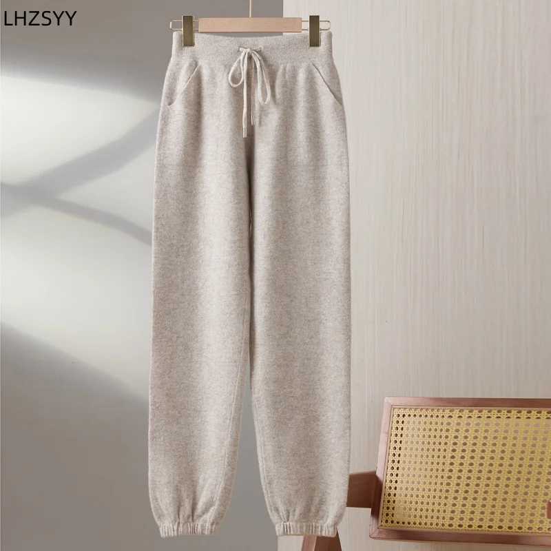 LHZSYY Autumn Winter New Women\' Cashmere High Waist Trousers Casual Loose Tight Waist Pants Draw String Straight Pants Wool Knit