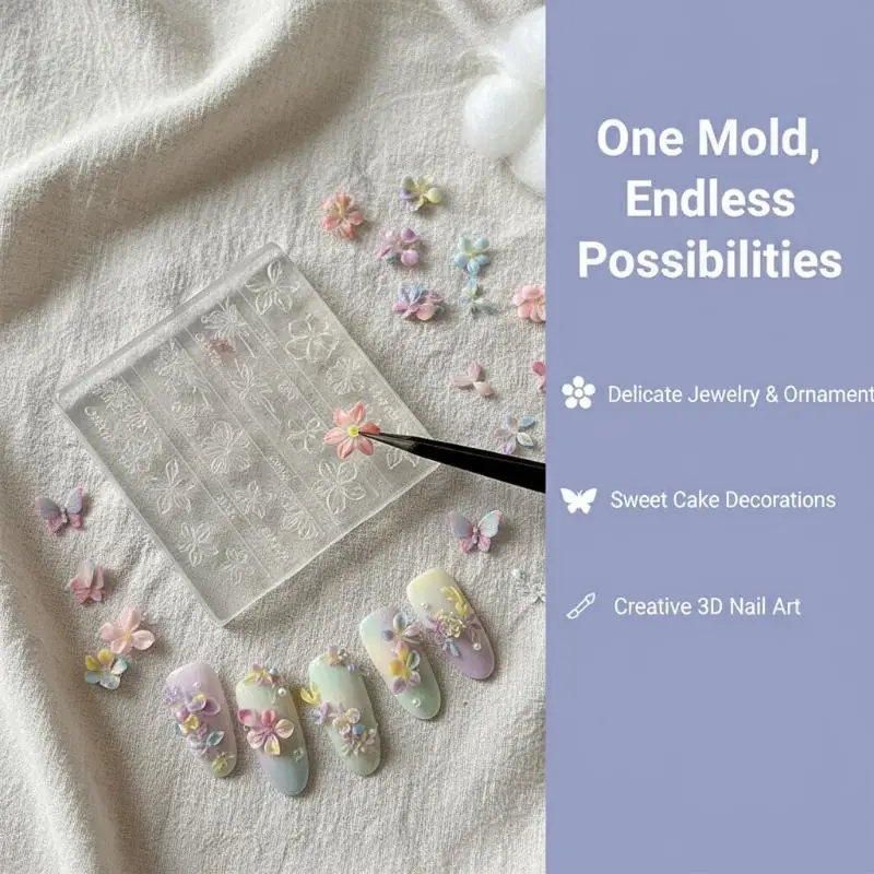 1Pcs Silicone Butterfly Nail Art Mold Five-petaled Flowers Pattern Relief 3D Transparent Nail Template DIY Manicure Decoration