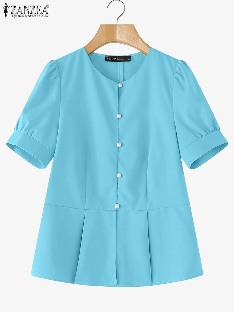 ZANZEA été élégant haut pour femme 2025 mode manches courtes bouffantes boutons travail OL chemises décontracté solide Blouses col rond Korear Blusas