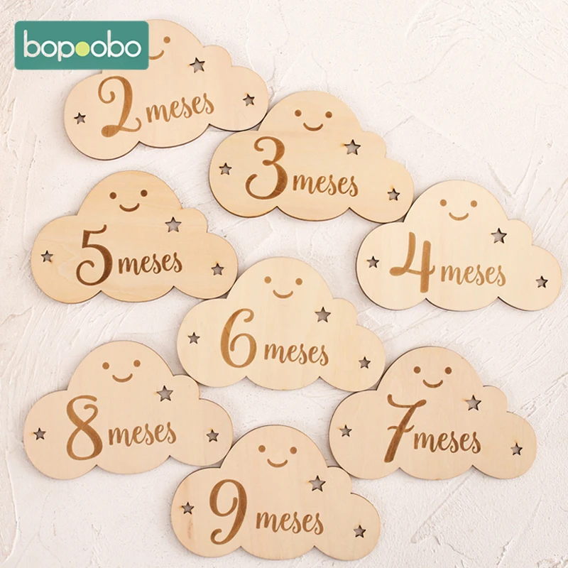 

8PCS Wooden Cloud Shape Baby Month Milestone Card Spanish language Photography Cards Birthday Gift Souvenir Photo Accessories