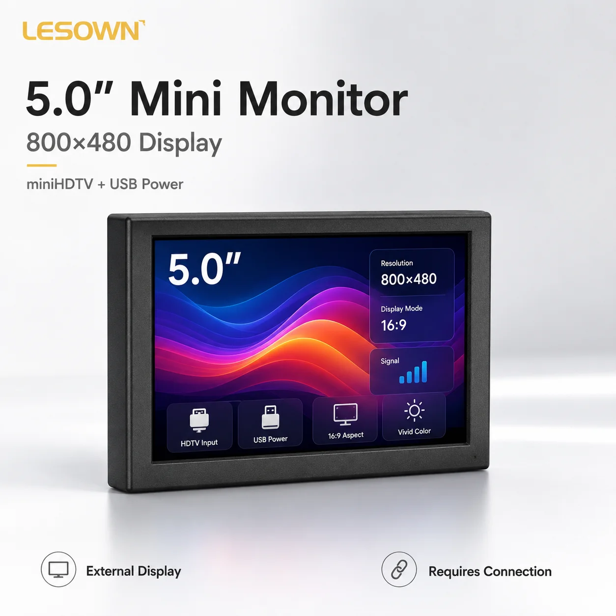 LESOWN Stretched Monitor 5" HDTV Port Plug and Play Portable Touch Panel for System Temp Monitoring