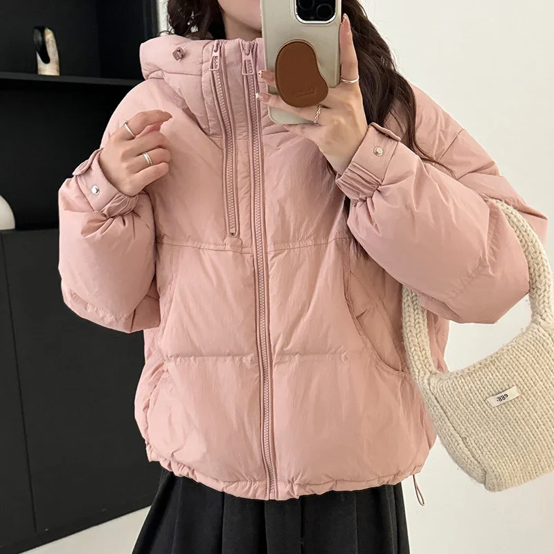 Schinteon Women White Duck Down Jacket with Hood Autumn Winter Warm Casual Loose Over Size Warm Outwear 2024 New Short Coat