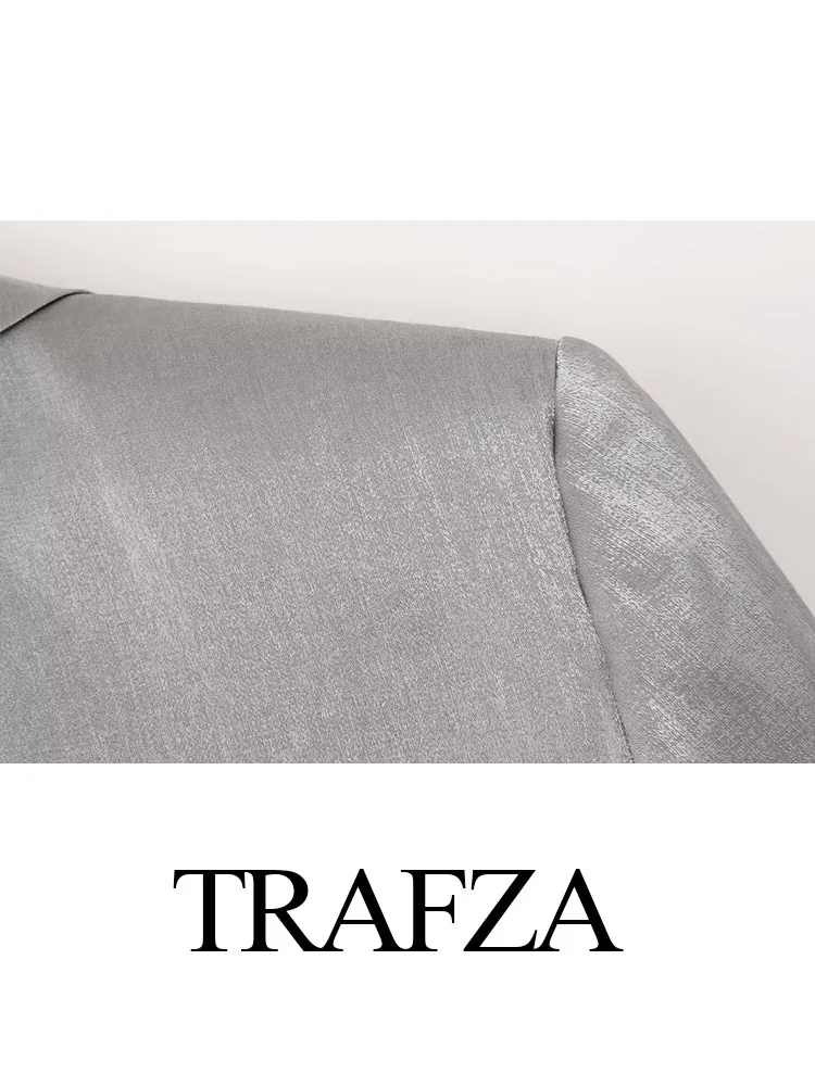 TRAFZA Spring Fashion Women Blazer Coats Silver Turn-Down Collar Long Sleeves Pockets Single Breasted Female Coats Office Lady