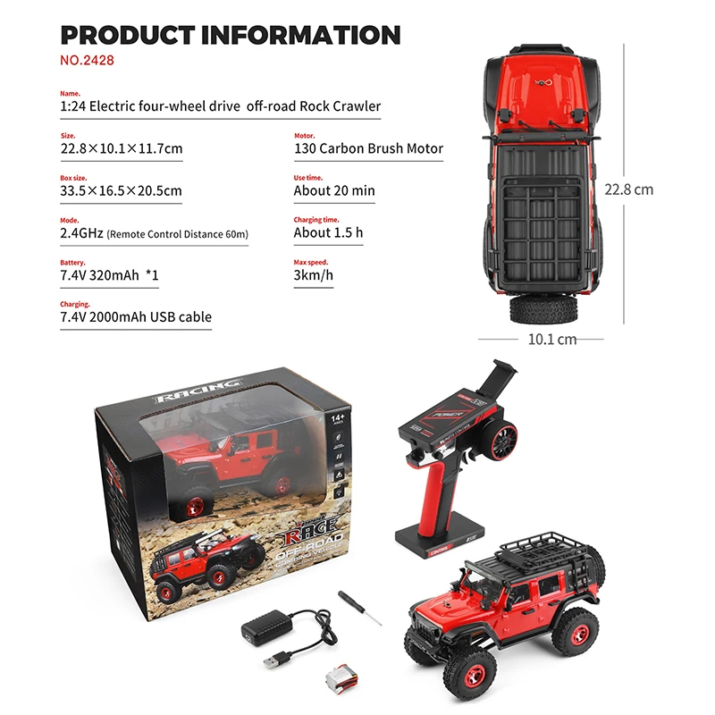 Wltoys 2428 1:24 Mini samochód RC 2.4G ze światłami LED 4WD Model pojazdu terenowego Zdalnie sterowana ciężarówka mechaniczna Zabawka dla dzieci