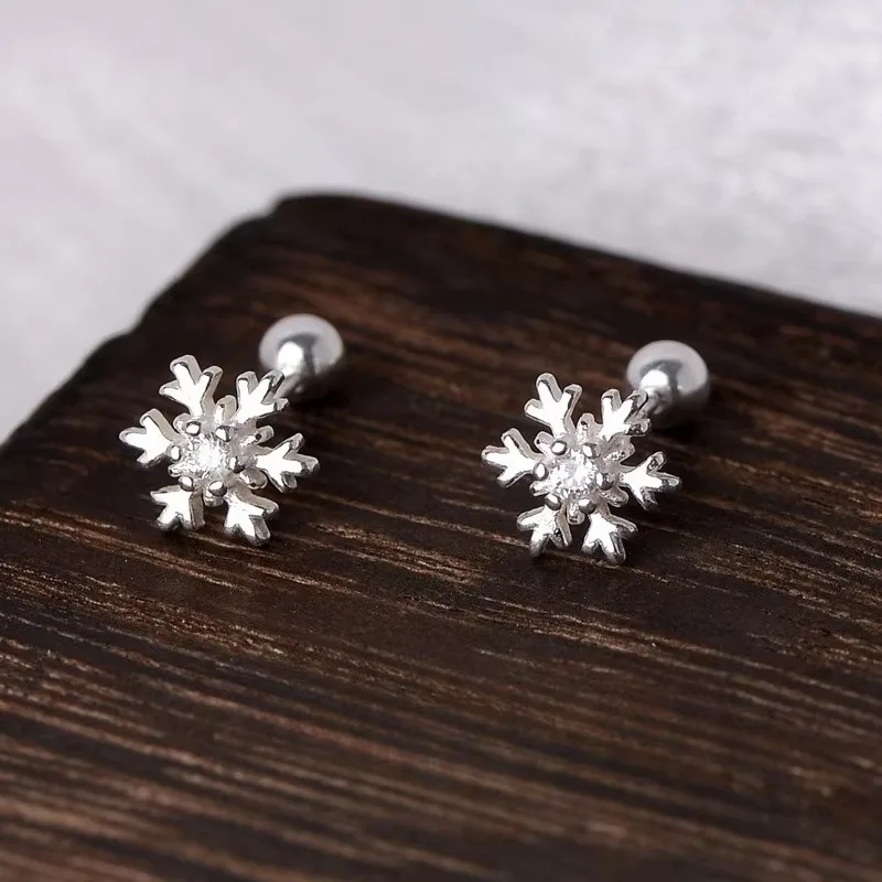 

1Pair S999 Sterling Silver Zircon Ear Studs Simple Snowflake Ear Bone Studs Fashionable and Creative Threaded Ear Caps