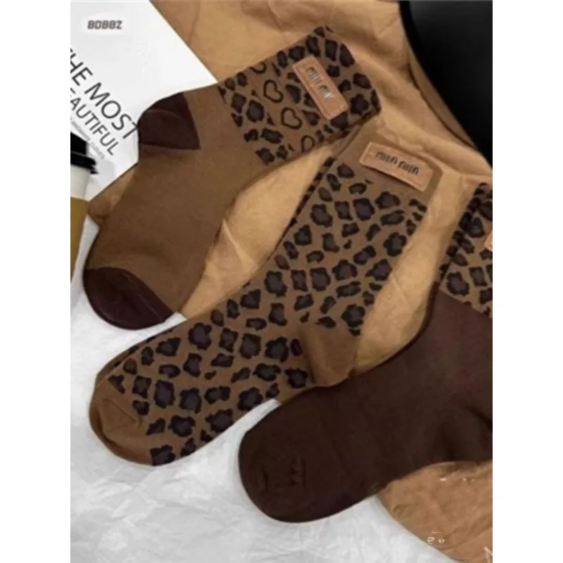 3 Pairs Socks Spring Autumn New Leopard Coffee Women's Medium Tube Maillard Love Korean Version Trendy Socks Lingerie Soft New