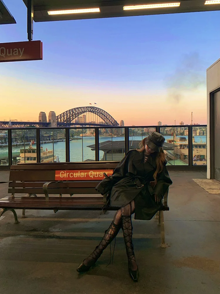 FuunJ Madeleine Monroe Matte Bla PU Leather Jaet Women's Waist-Cinching Retro High-End ape Top Youth Mid-Length Coat