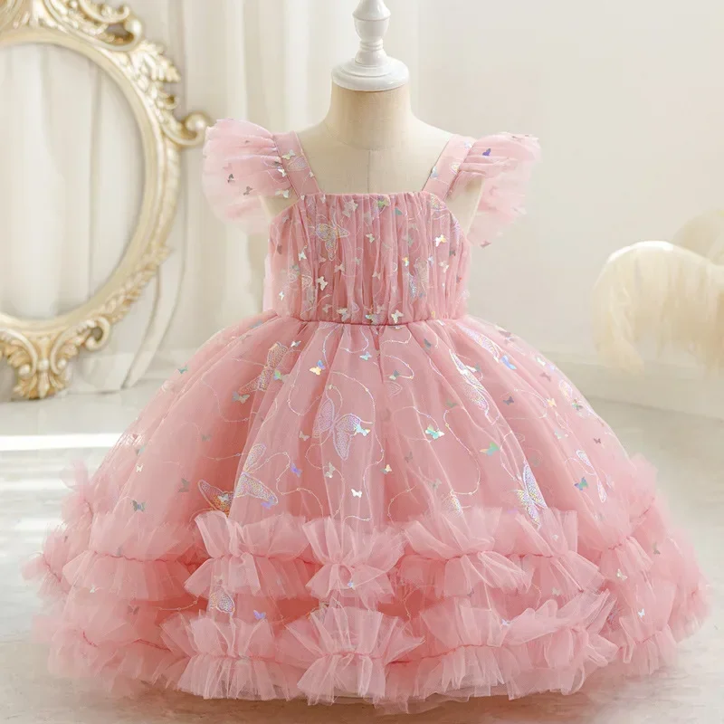 Cartoon Kids Dresses for Girls Lace Mesh Sleevelss Princess Dress for Girls Summer Children Girls Party Dresses 1-6Y