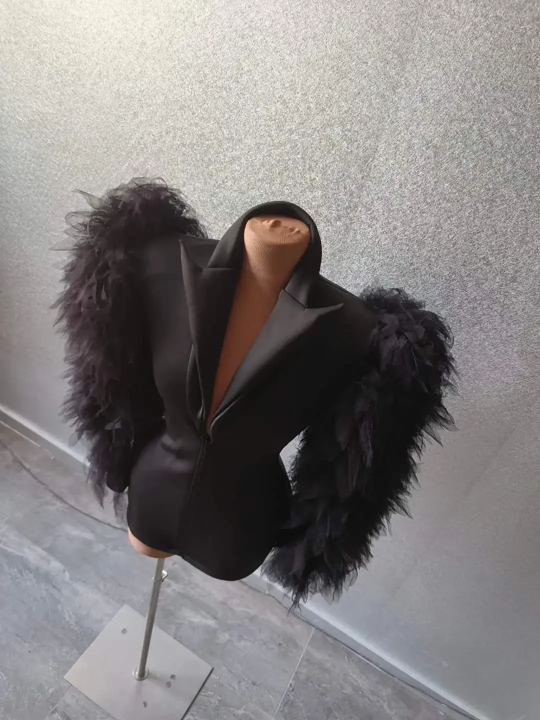 Blazer negro de manga larga con cremallera para mujer, traje elástico de Drag, para fiesta de cumpleaños, club nocturno, reina