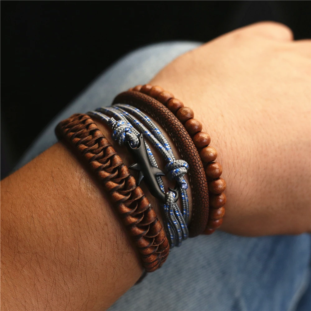 WESTBULL Men Leather Bracelets Set Cute Shark Charm 4 Pcs/set Brown Blue Black Woven Bracelet Man Wood Beads Homme Jewelry