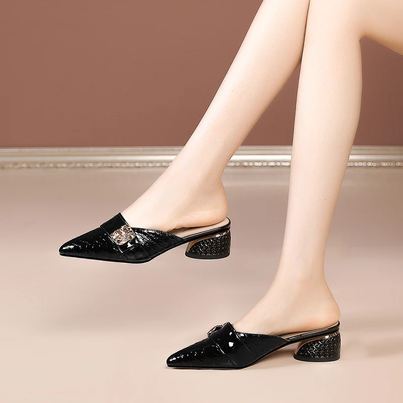 ASUMER 2022 New Arrive Black Round Med Heels Slippers Mules Genuine Leather Women Slippers Popular Ladies Dress Shoes