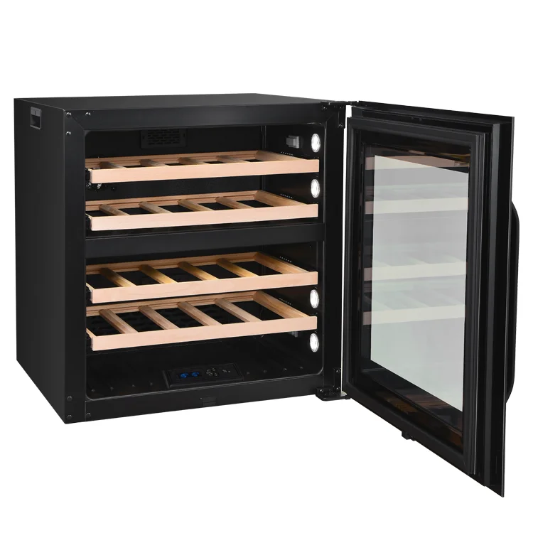 Armário de vinho com porta de vidro VI30D Fornecimento direto da fábrica Elétrico Zona dupla Cave de vinho embutida montada na parede totalmente integrada preta