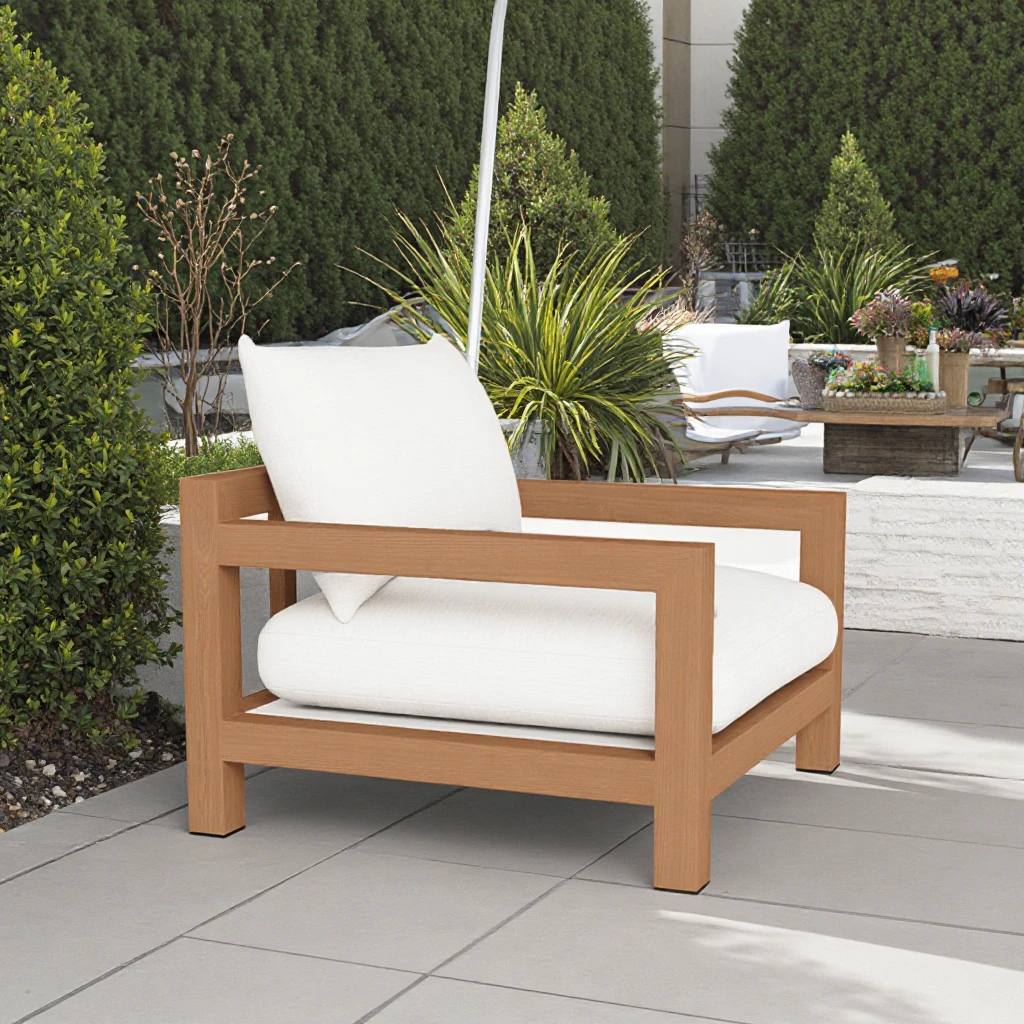 

Modern Single Sofa For Outdoor Home Hotel All Weather Teak Wood Smooth Surface Comfortable Cushion Sofa