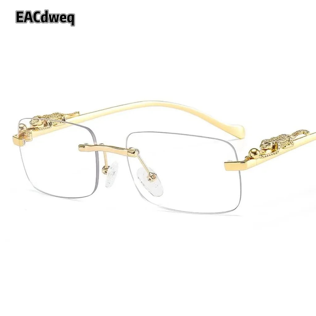 Rimless Small Square Sunglasses Women Men Luxury Brand Designer Travel Driving Sun Glasses Metal Leopard Head Shade Eyewear