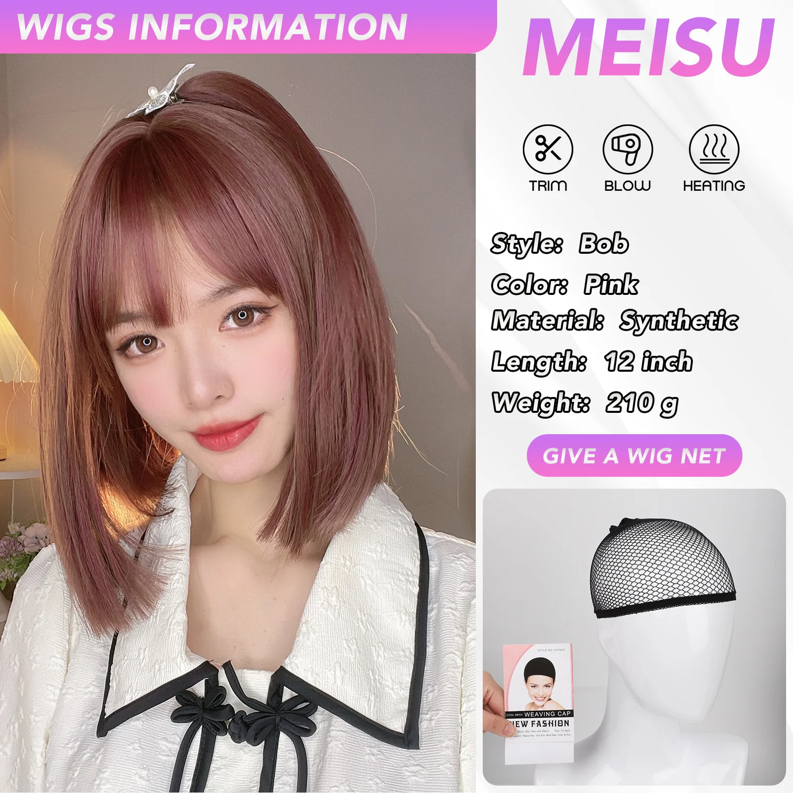 MEISU Bob 12 Inch Short Pink Stairght Bangs Wig Fiber Synthetic Wig Heat-resistant Non-Glare Natural Cosplay Daily For Women