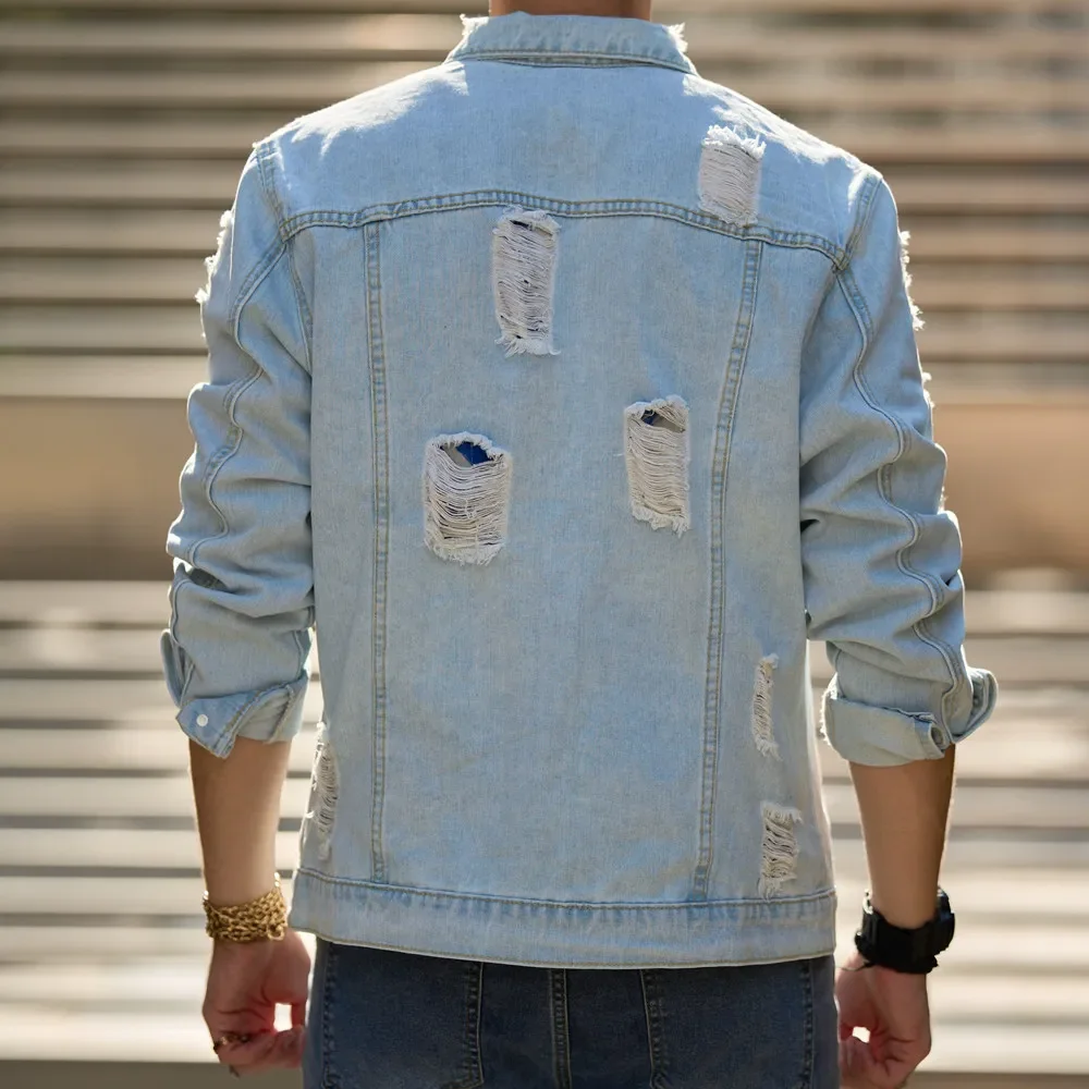 Autumn New Men Streetwear Fashion Solid Holes Slim Denim Jacket High quality Male Casual Jacket Coat