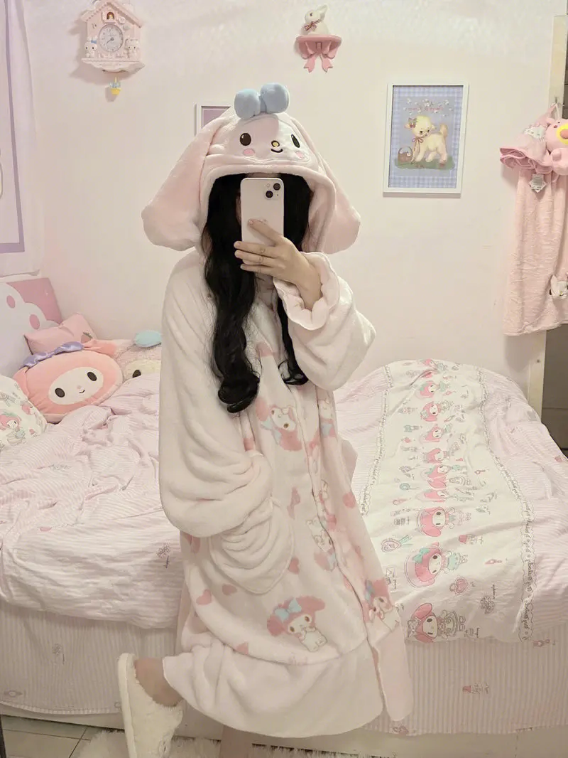 New Sanrio Anime Cartoon My Melody Pajamas Nightgown Two Piece Female Coral Velvet Indoor Home Suit Kawaii Girl Nightdress Gifts