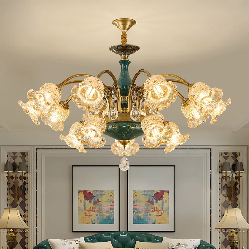 European Living Room Chandeliers Retro Crystal Pendant Lamp American Light Luxury Romantic Flower Shaped Copper Restaurant Lamp