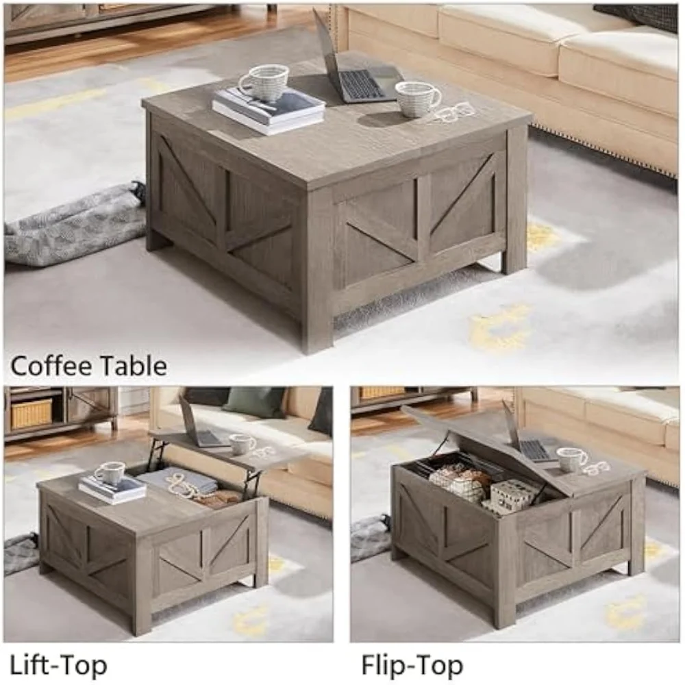 Elevador Top Coffee Table, Square Farmhouse Table, compartimentos de armazenamento escondidos, utilizável para sala de estar, casa e escritório