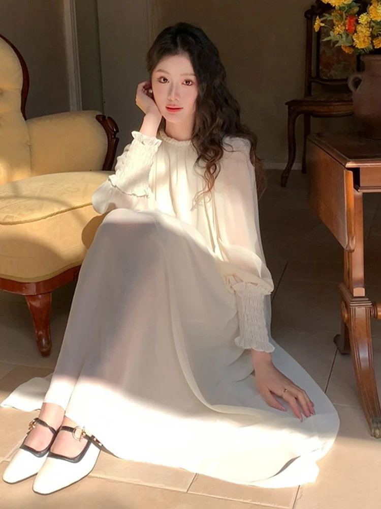 Ropa de mujer de gasa lisa con cuello redondo ajustado vestido largo acampanado elegante señora moda fiesta graduación Vestidos Fiesta bata Casual otoño nuevo