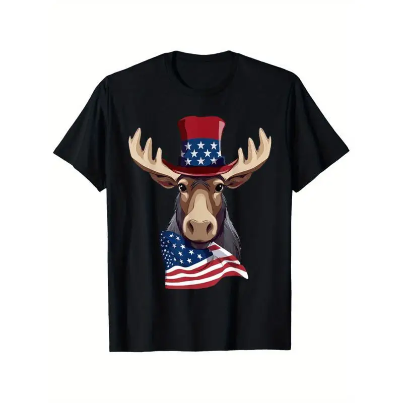 

Funny Moose T-shirt Men's Patriotic American Flag Hat Print Casual Summer Uncle Sam Graphic Tee Wildlife Gift