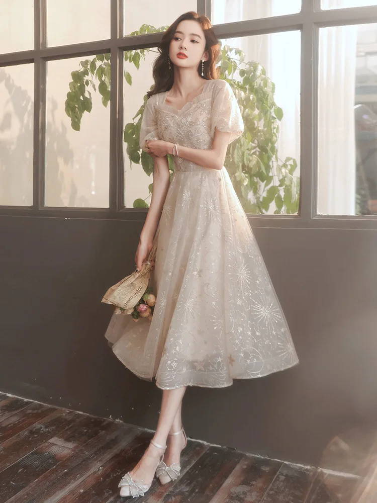 ชุดราตรีฝรั่งเศสแบบใหม่ หรูหราบางเบา อารมณ์ระดับไฮเอนด์เฉพาะตัว วันเกิดสีน้ําเงิน และกระโปรงฟูของพิธีการมาถึงวัย