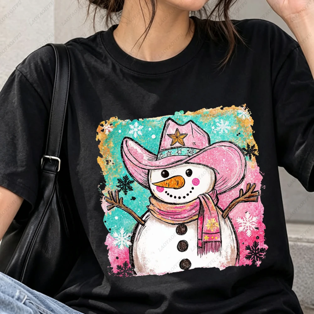 Western Cowboy Snowman Pink Hat Christmas Print Women Retro Country Xmas Holiday Snowflake Short Sleeve Festive Winter Top