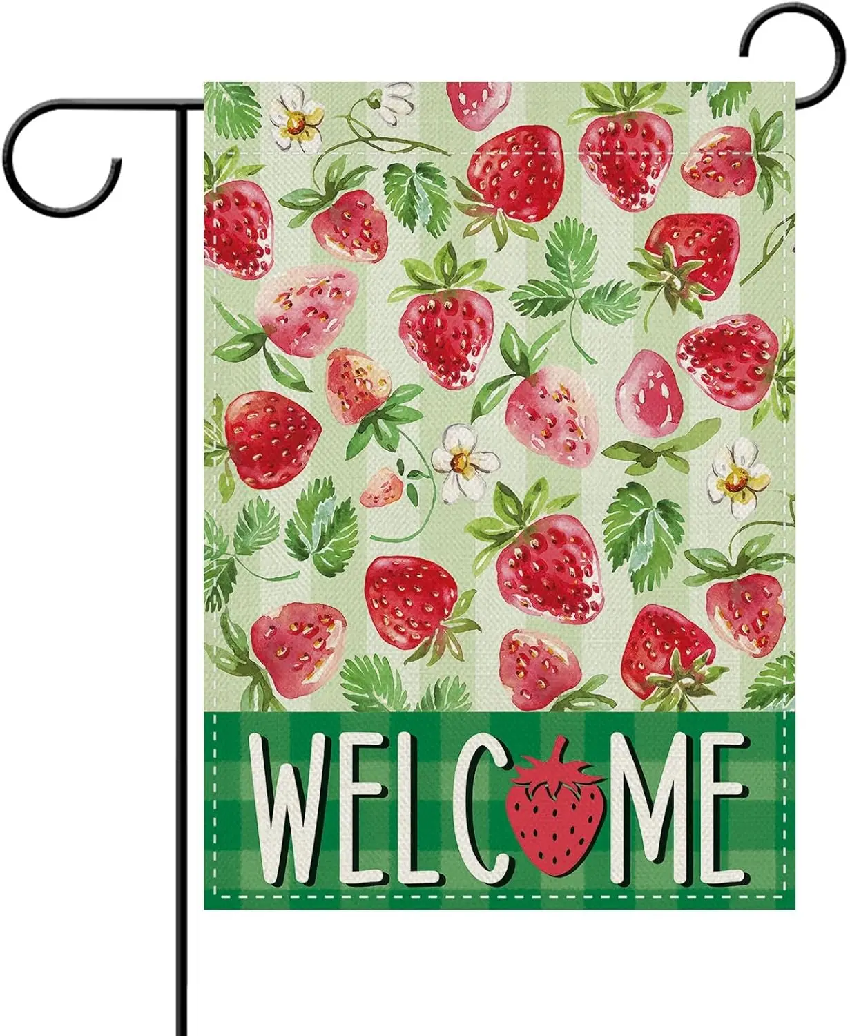 Dyrenson Welcome Spring Summer Strawberry Decorative Garden Flag, Watercolor Fruit Green Plaid Stripes Yard Outside Home Dec PPM