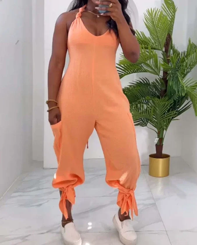 CPSYMYM Jumpsuit ผู้หญิงฤดูร้อน Halter Backless ผูกรายละเอียดการออกแบบกระเป๋าสบายๆแขนกุดทุกวันขากว้าง Jumpsuit