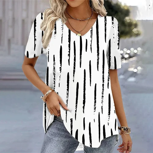 Imagen 1 del producto Nueva camiseta de mujer, camiseta de verano con cuello en V, Top informal holgado a rayas, ropa femenina con estampado divertido, ropa de calle, jersey, camisetas para mujer