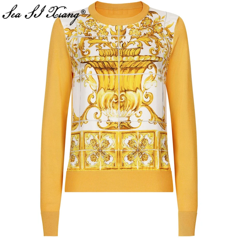 Seasixiang Fashion Designer Autumn Sweater Women\'s O-Neck Long Sleeves Vintage Print Pullover Sweater