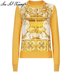 Seasixiang Fashion Designer Autumn Sweater Women's O-Neck Long Sleeves Vintage Print Pullover Sweater