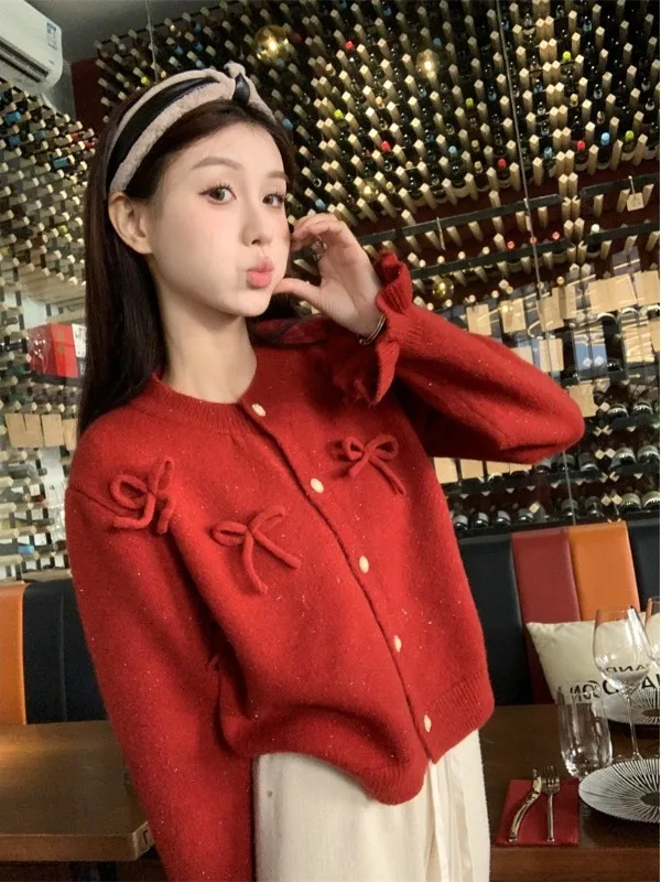 Autunno Inverno Nuovo Sle Bianco 3D Nodo rotondo Ne Sciolto Lungo Sve Cardigan aperto lavorato a maglia Top delicato da donna