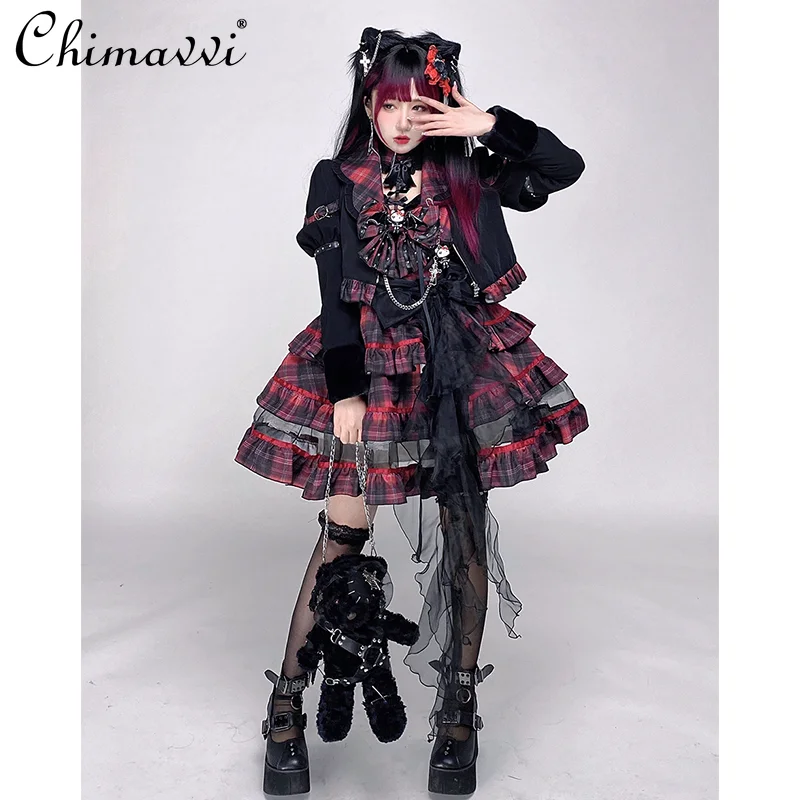 

Punk Rock Japanese Sweetheart Hot Girl Lolita Red Plaid Spaghetti Strap Dress Short Jacket Coat Two Pieces Set Women's Outfits