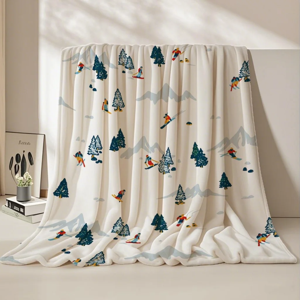 One Winter Sports Skiing Mountain Printed Flannel Blanket Comfortable And Soft, Suitable for Bedroom, Dormitory, Travel, Home -