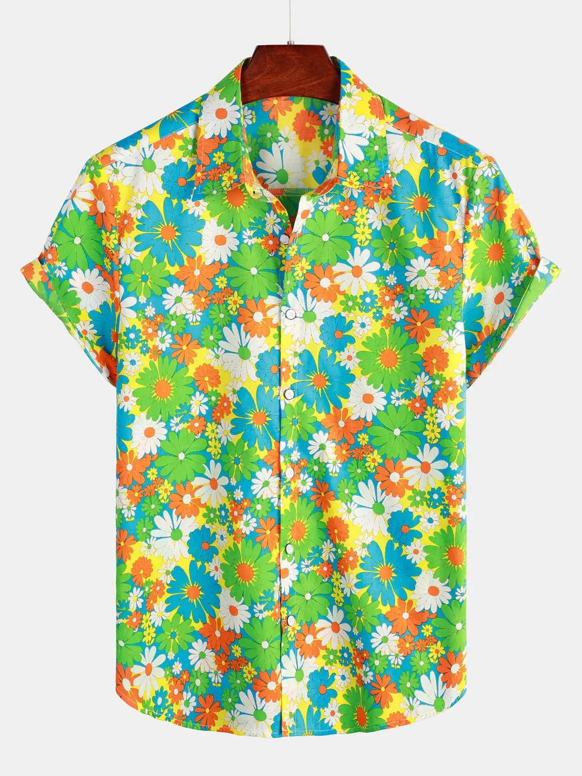 New Men's Summer Floral Print White Top Button Short Sleeve Shirt Lapel Hawaiian Vacation Beach Shirt Camisa Manga Corta Hombre