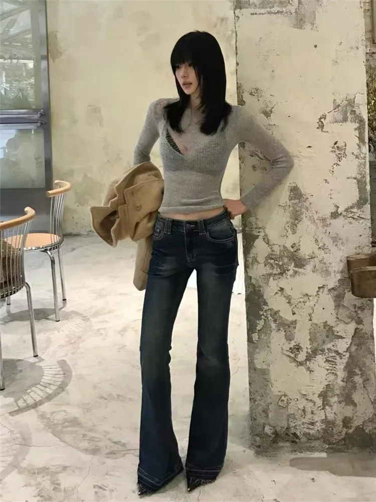 

American Retro Low Waist Bell Bottom Jeans Women Slimming Extended Length Frayed Must Dragging Pants Deep Color Spring