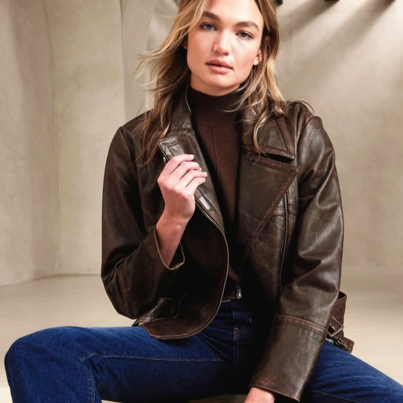 Vintage Oversized Genuine Leather Jacket Ruffled Back Waist Oblique Zipper Heavy Stone Washed Distressed Finish woman jacket
