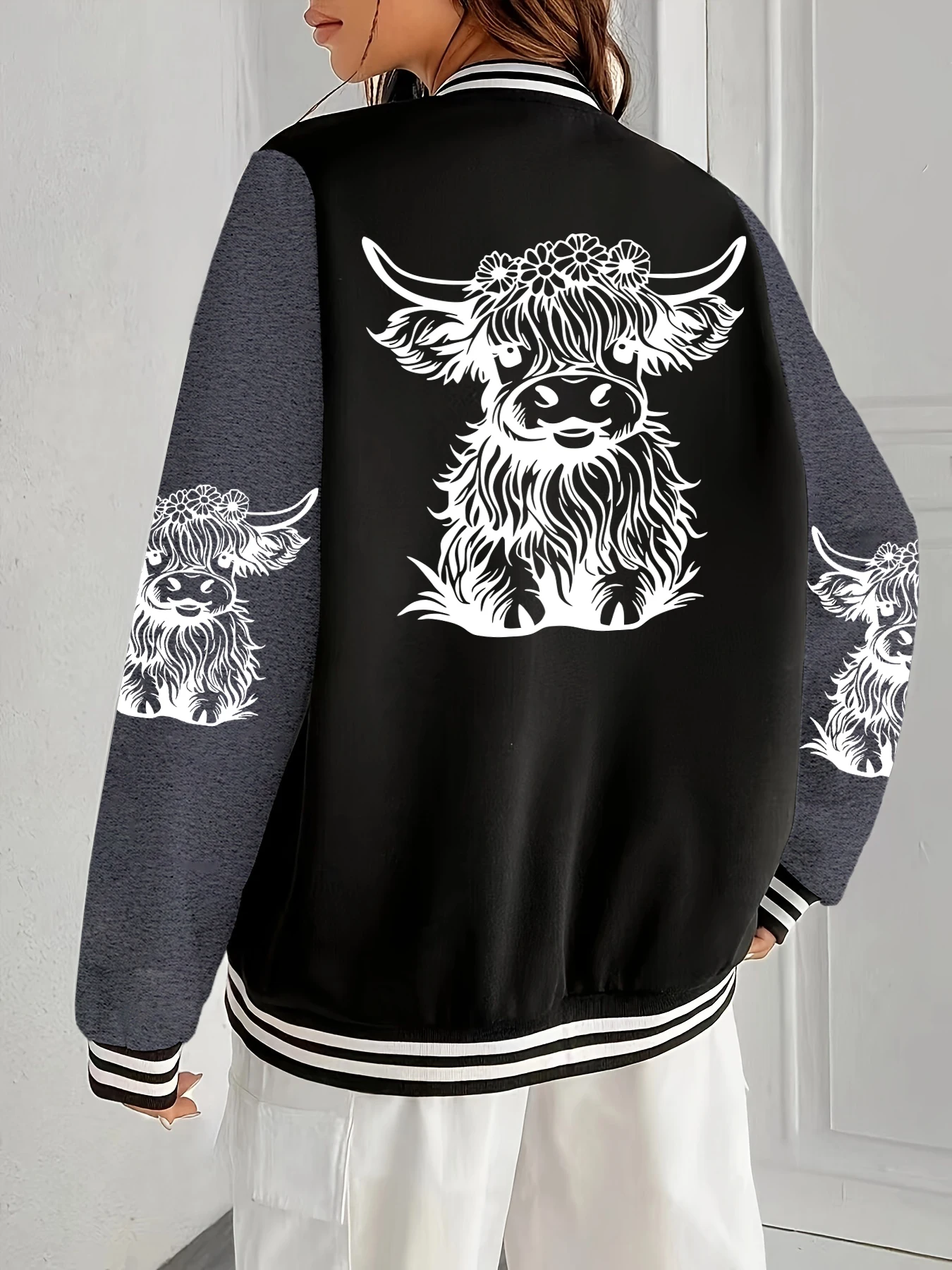 

Cute Hair Cow Cartoon Printed Women American Veste Sport Oversized Jacket Loose Hip Hop Baseball Jersey All-Match O-Neck Jackets